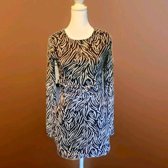 Mi Ami For Francesca's Zebra Print Dress Long Sleeve Side Ruching Body Con Sz S - Picture 1 of 4